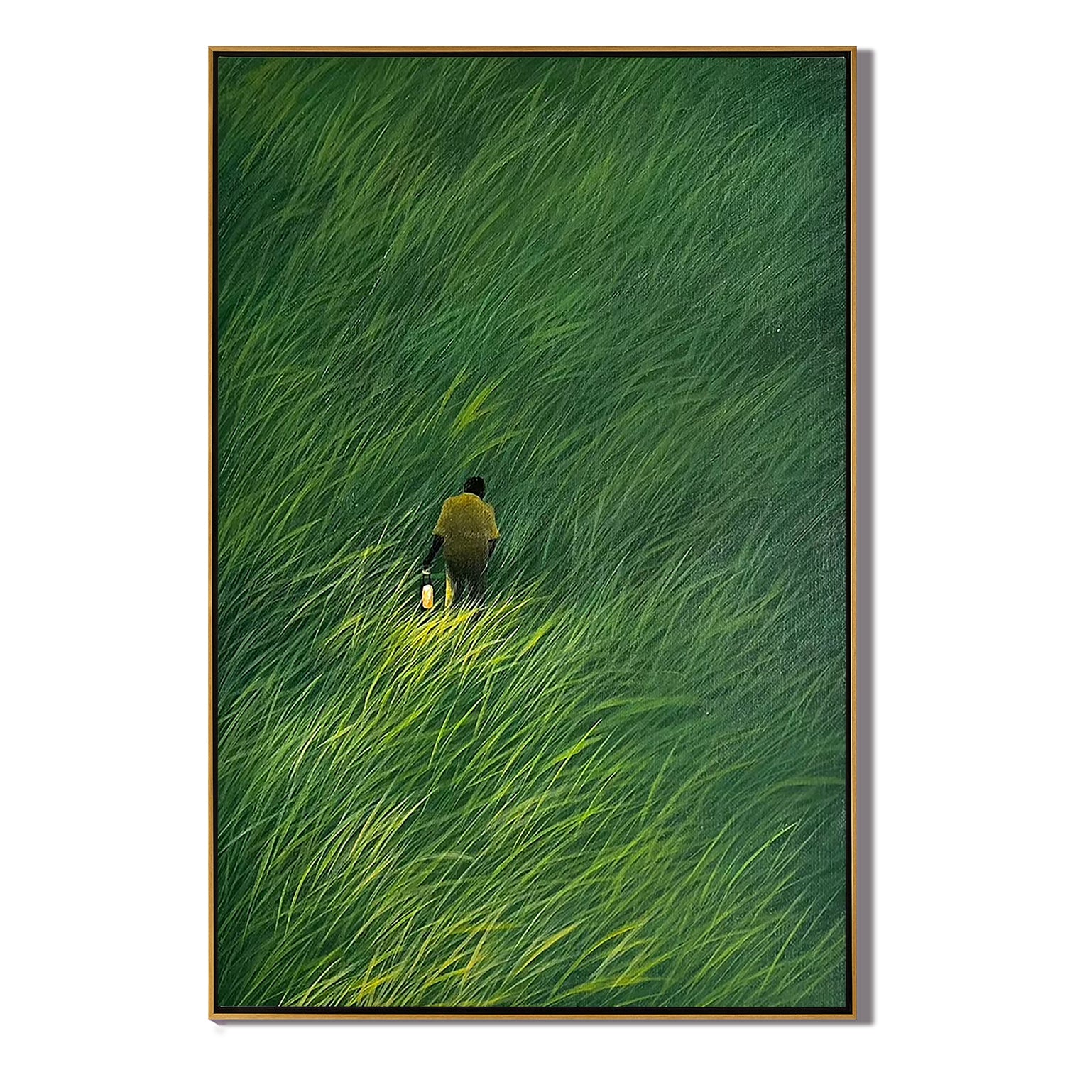 Solitary Figure with Lantern in Green Meadow Wall Art โ Serene Nature Landscape Canvas for Living Room Decor #OA 0803
