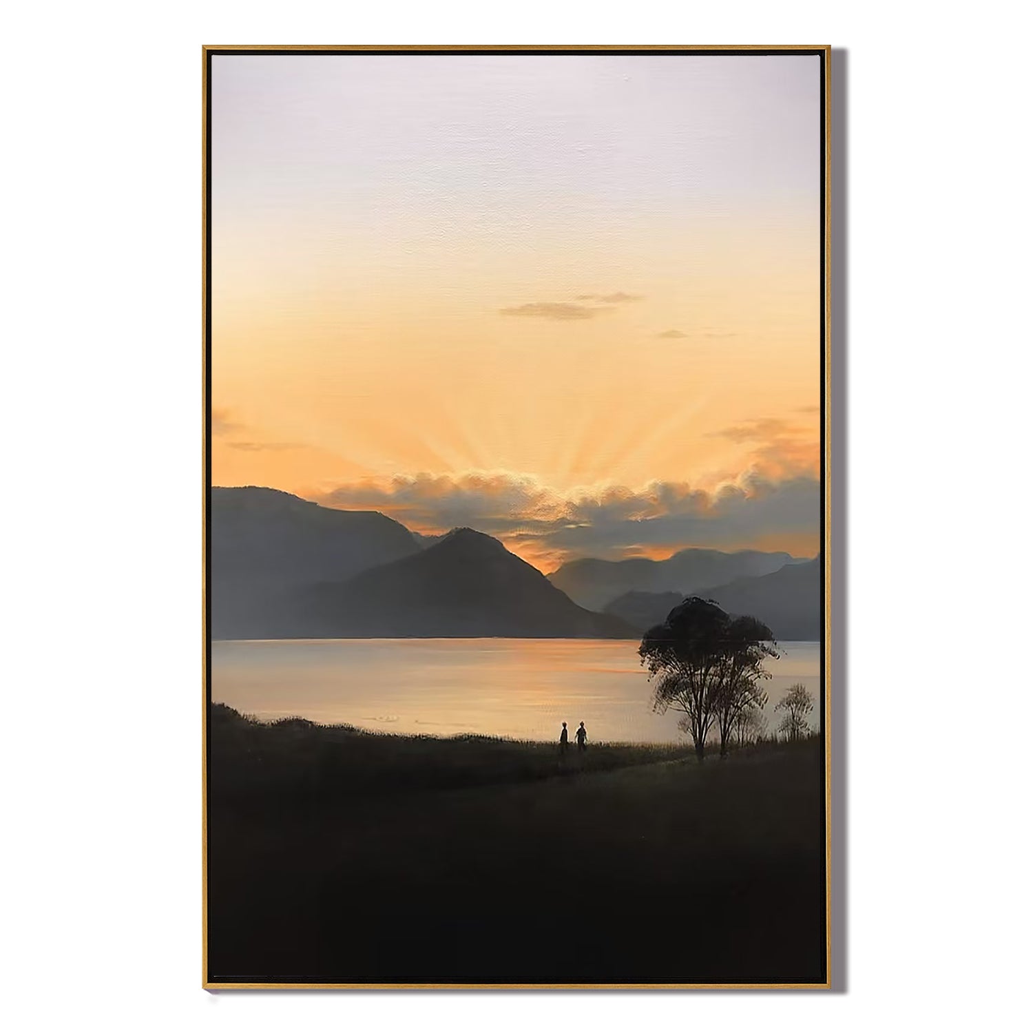 Romantic Sunrise Lake Wall Art, Serene Mountain Landscape Canvas Painting with Couple Silhouette for Living Room Decor #OA 0771