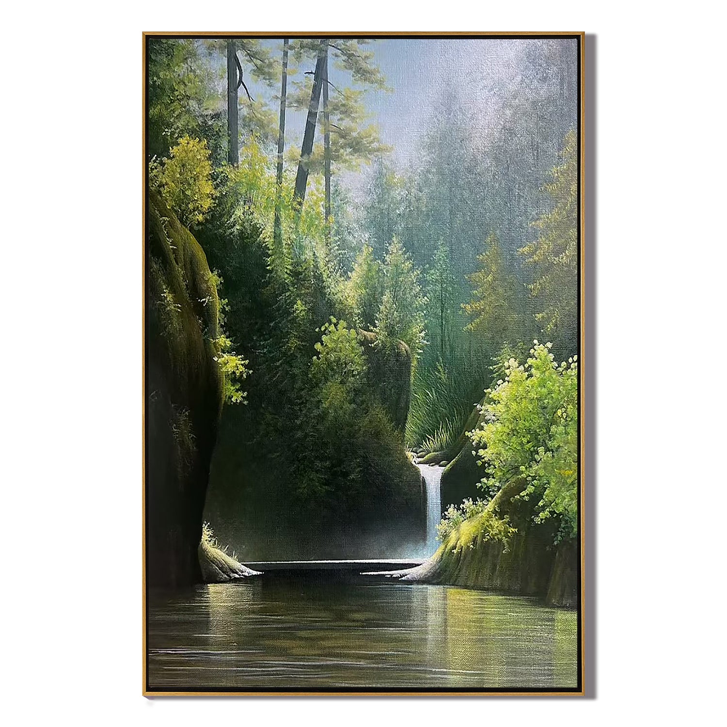Serene Forest Waterfall Wall Art โ Lush Nature Landscape Canvas Painting with Wooden Bridge for Living Room Decor #OA 0813