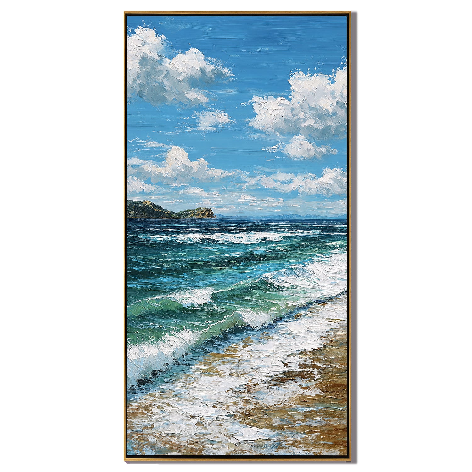 Vertical Coastal Ocean Wall Art – Blue Sea Waves and Sky Canvas Painting for Modern Home Decor#OA 0833