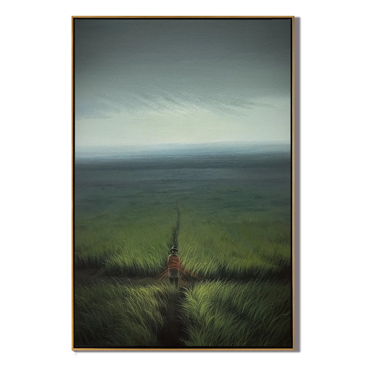 Solitary Figure Walking Through Coastal Grassland Wall Art, Serene Ocean Landscape Canvas Painting for Living Room Decor #OA 0737