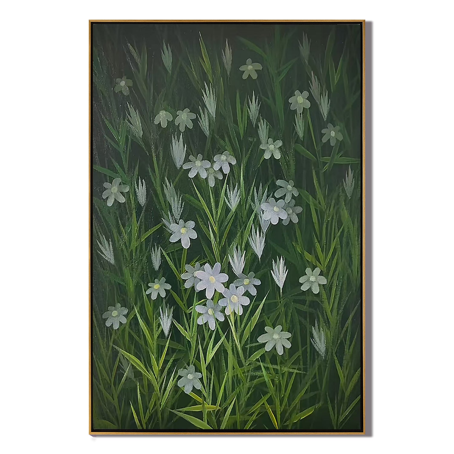 White Wildflower Botanical Wall Art โ Green Meadow Floral Canvas Painting for Living Room Decor #OA 0812