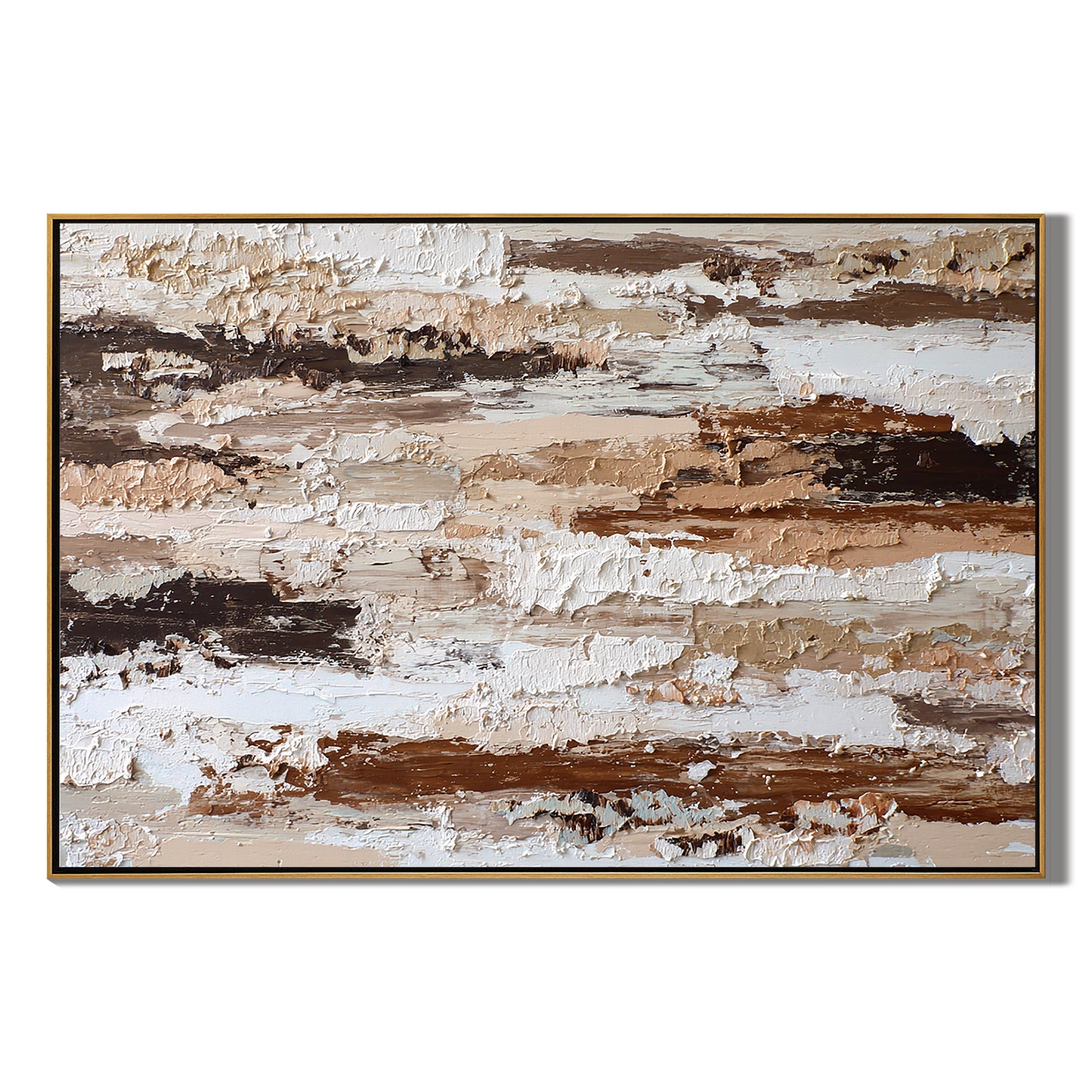 Large Horizontal Neutral Textured Wall Art – Brown and Beige Abstract Canvas for Modern Living Room Decor#OA 827