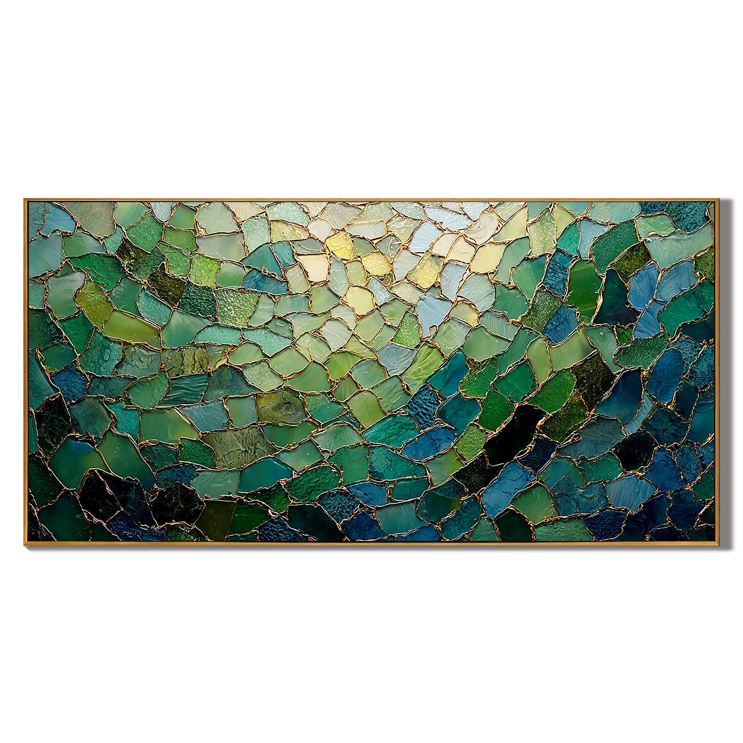 Green Abstract Mosaic Wall Art – Modern Emerald and Gold Textured Canvas Painting for Living Room Decor #OA 0818