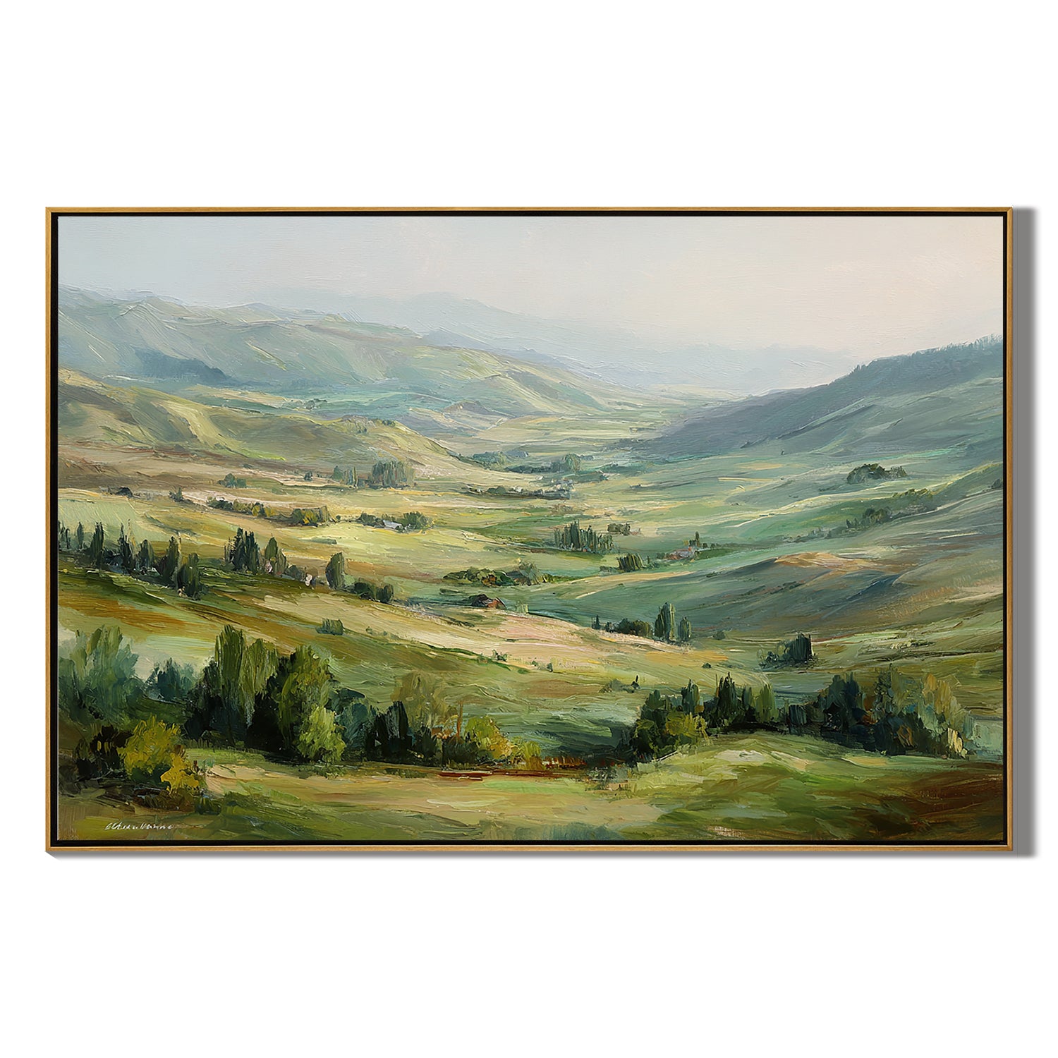 Large Rolling Hills Landscape Oil Painting – Scenic Green Valley Canvas Wall Art#OA 0893