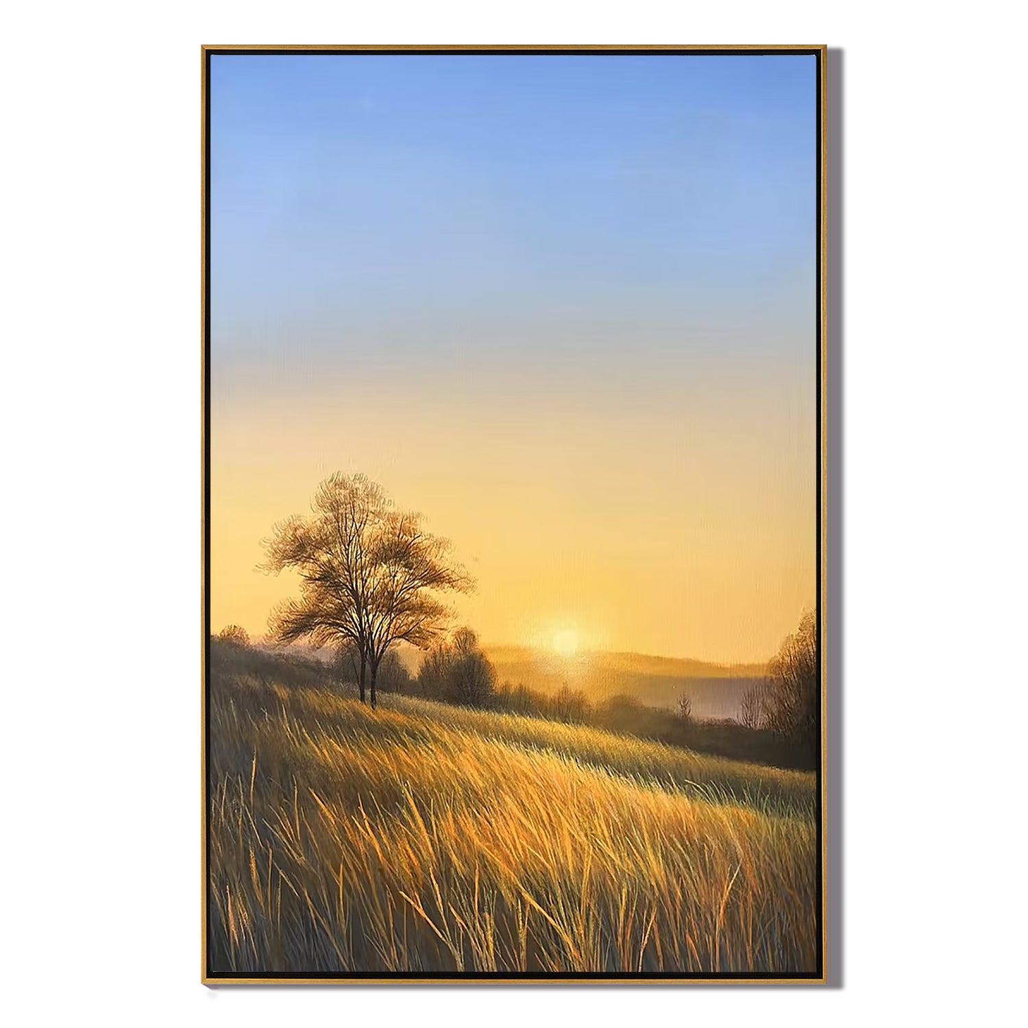 Golden Sunrise Meadow Wall Art, Countryside Landscape Canvas Painting with Lone Tree for Living Room Decor #OA 0779