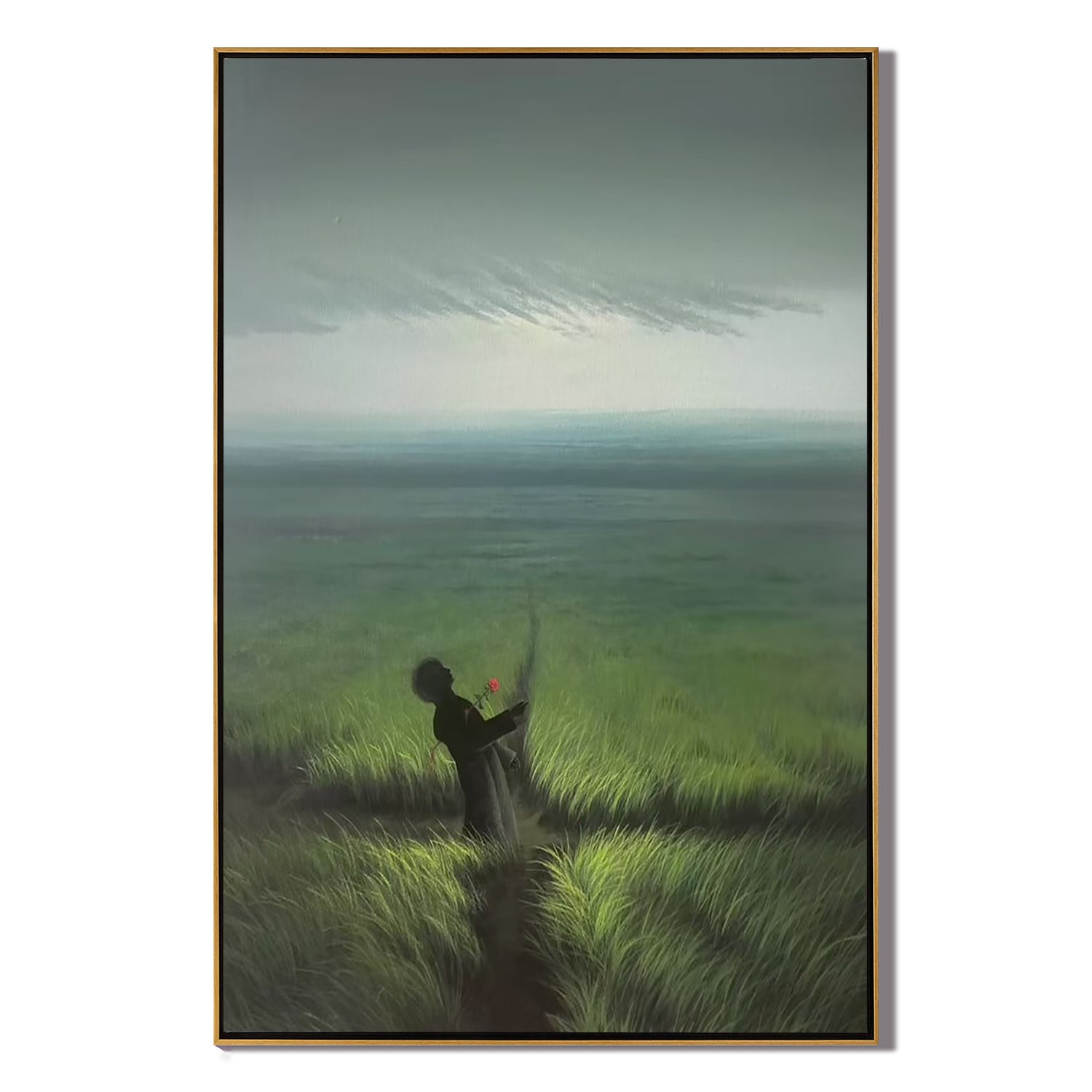 Surreal Meadow Wall Art with Silhouette Figure Holding Red Flower, Poetic Landscape Canvas Painting for Living Room Decor #OA 0783