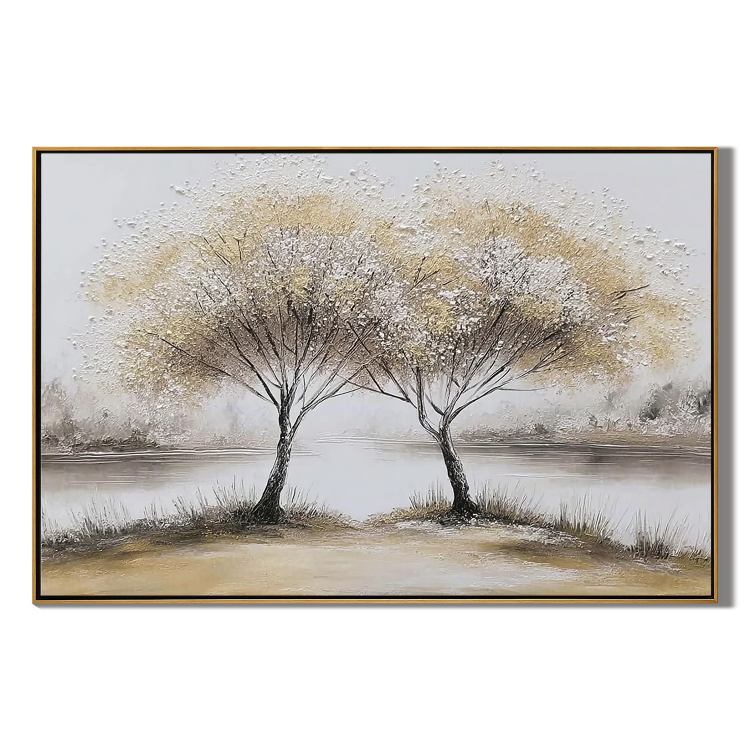 Lakeside Tree Wall Art, Neutral Twin Trees Landscape Canvas Painting for Living Room Décor #OA 0421