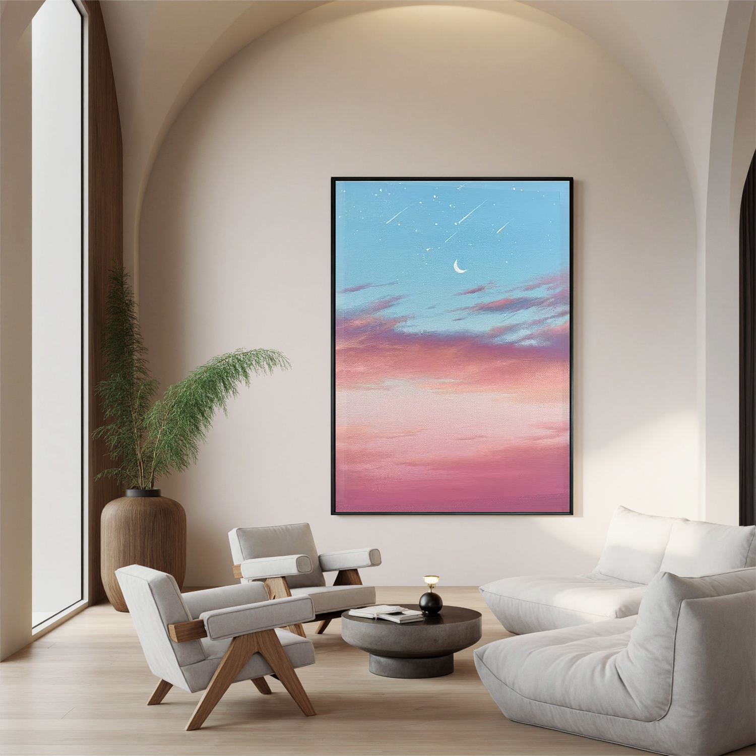 Dreamy Crescent Moon and Shooting Stars Wall Art, Pink Blue Sky Canvas Painting, Romantic Celestial Decor for Bedroom #OA 0786