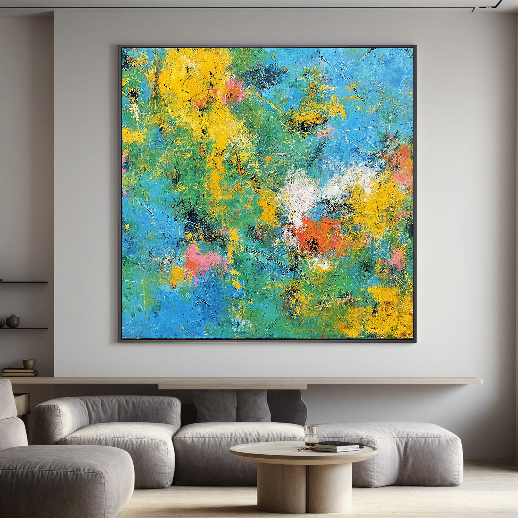 Abstract Colorful Oil Painting Canvas – Blue Green Yellow Modern Wall Art for Living Room Contemporary Home Decor#OA 0491