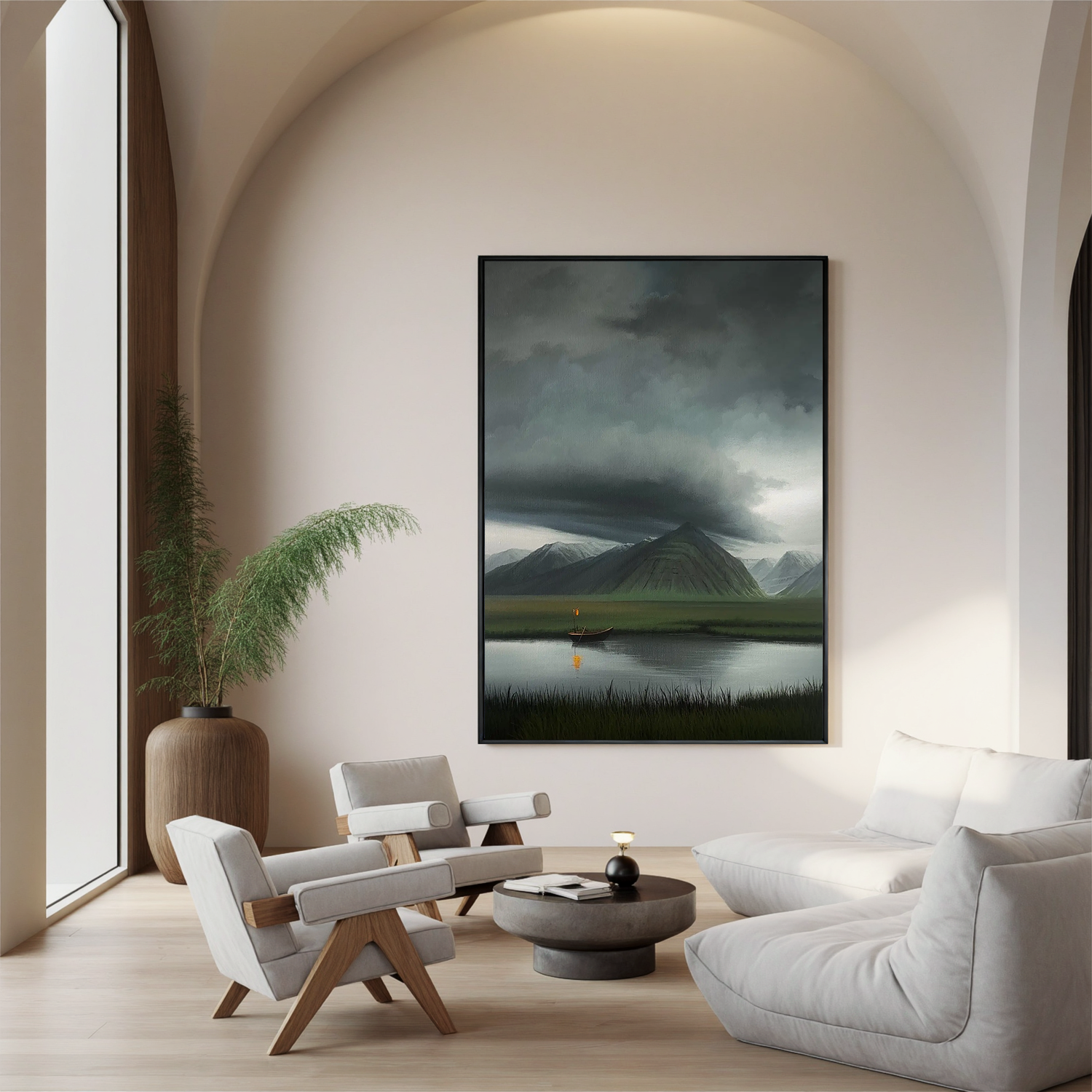 Moody Mountain Lake Wall Art with Boat and Lantern, Dramatic Storm Cloud Landscape Canvas for Living Room Decor #OA 0747