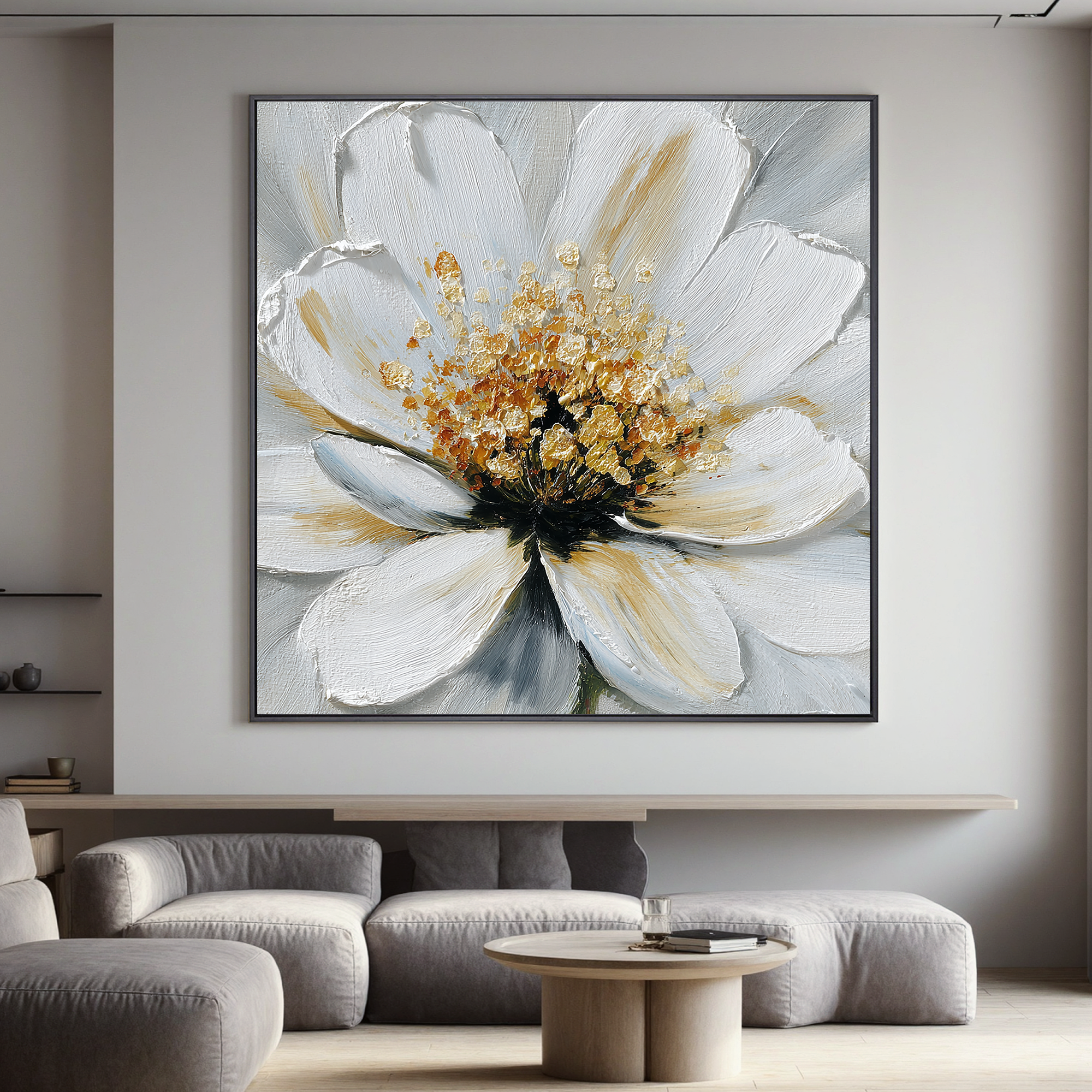 White Flower Canvas Wall Art – Elegant Floral Painting with Gold Texture for Modern Home Decor#OA 0847
