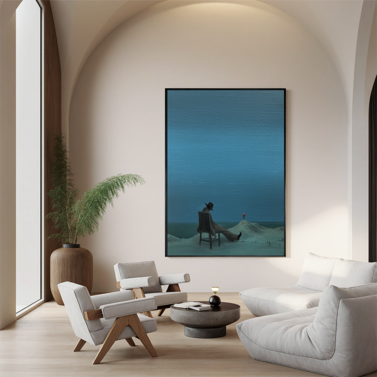 Surreal Minimalist Wall Art, Lonely Man with Red Flower Canvas Painting for Modern Living Room Decor #OA 0763