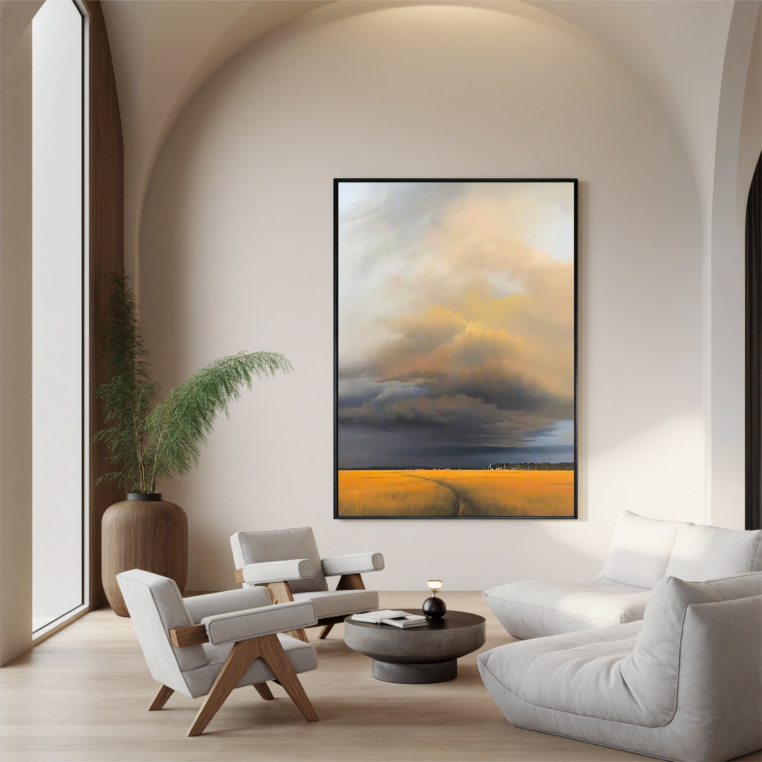 Dramatic Sky Over Golden Wheat Field Wall Art, Rustic Countryside Landscape Canvas Painting for Living Room Decor #OA 0728