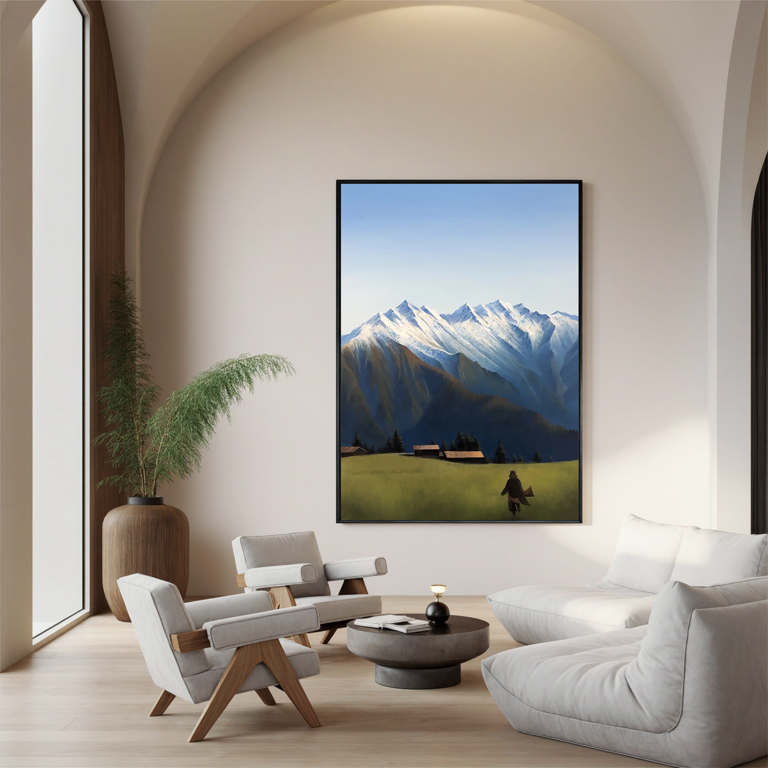 Snow-Capped Mountain Landscape Wall Art, Alpine Meadow with Cabins Canvas Painting for Living Room Decor #OA 0766
