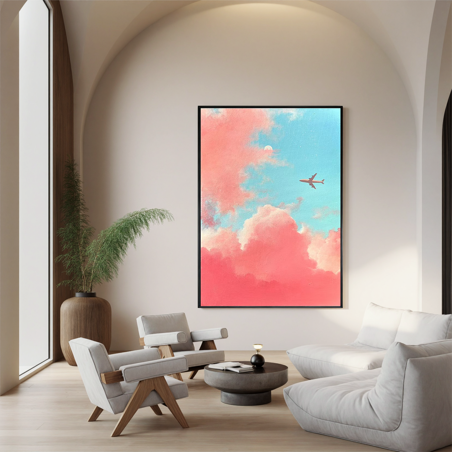 Dreamy Pink and Blue Sky Wall Art with Airplane – Pastel Cloud Canvas Painting for Modern Home Decor #OA 0798