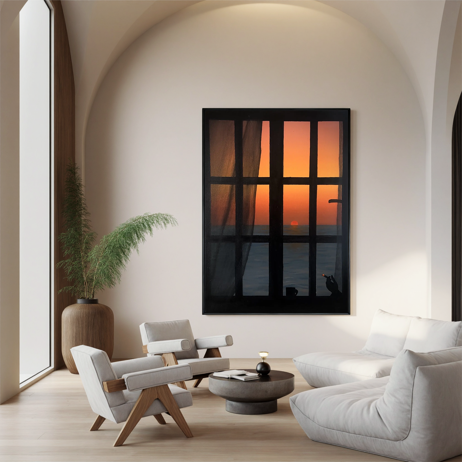Ocean Sunset Window View Wall Art, Silhouette Interior Scene Canvas, Romantic Seascape Painting for Living Room Decor #OA 0756