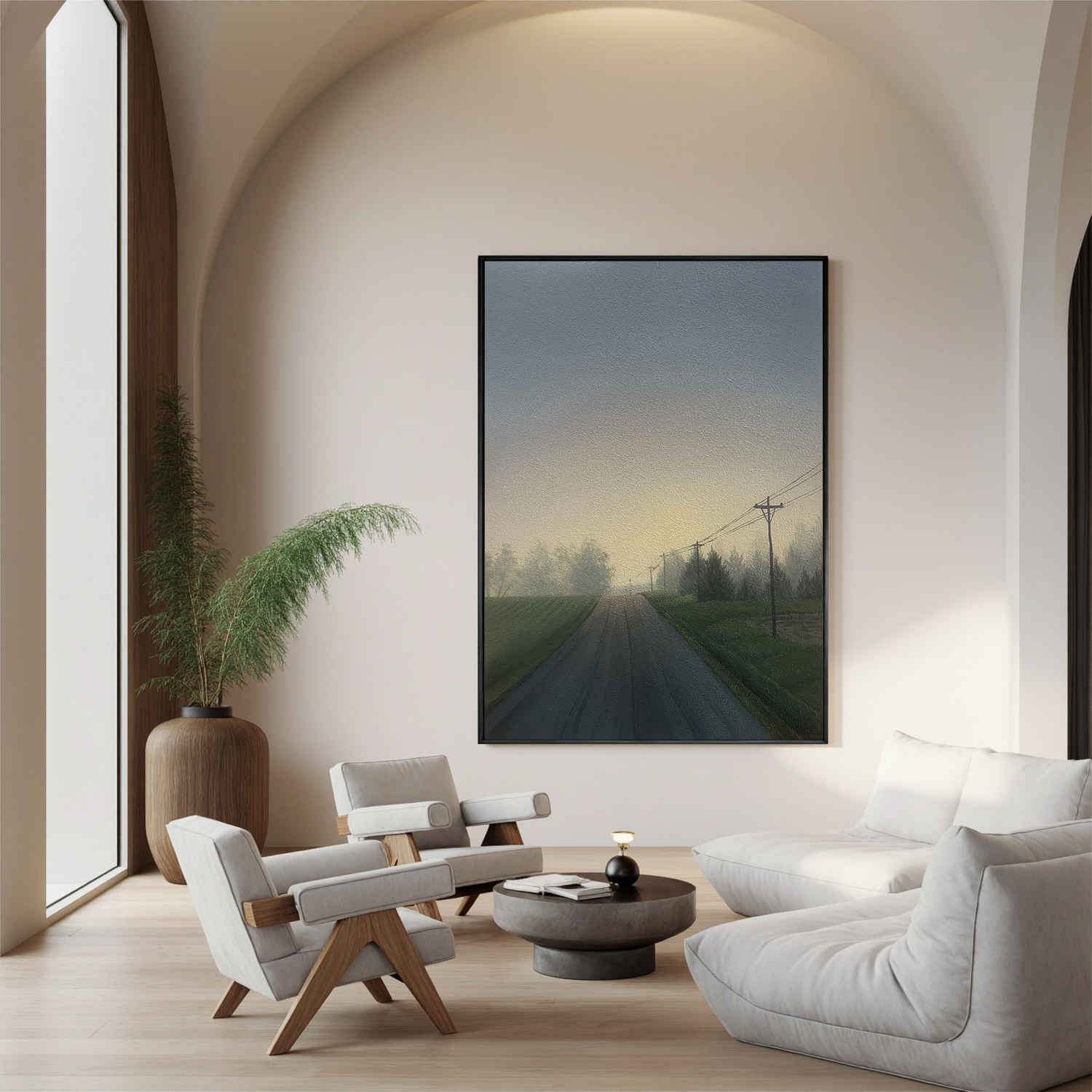 Misty Country Road Landscape Wall Art, Foggy Morning Rural Canvas Painting for Living Room Decor #OA 0759