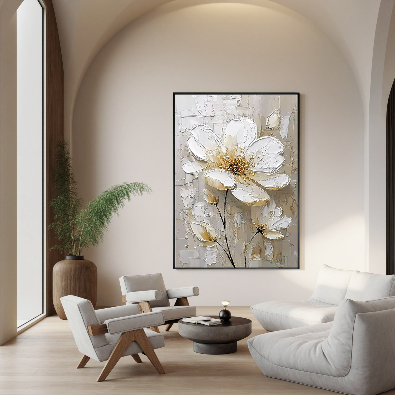 White Floral Oil Painting, Textured Gold Flower Wall Art for Living Room Decor#OA 0584