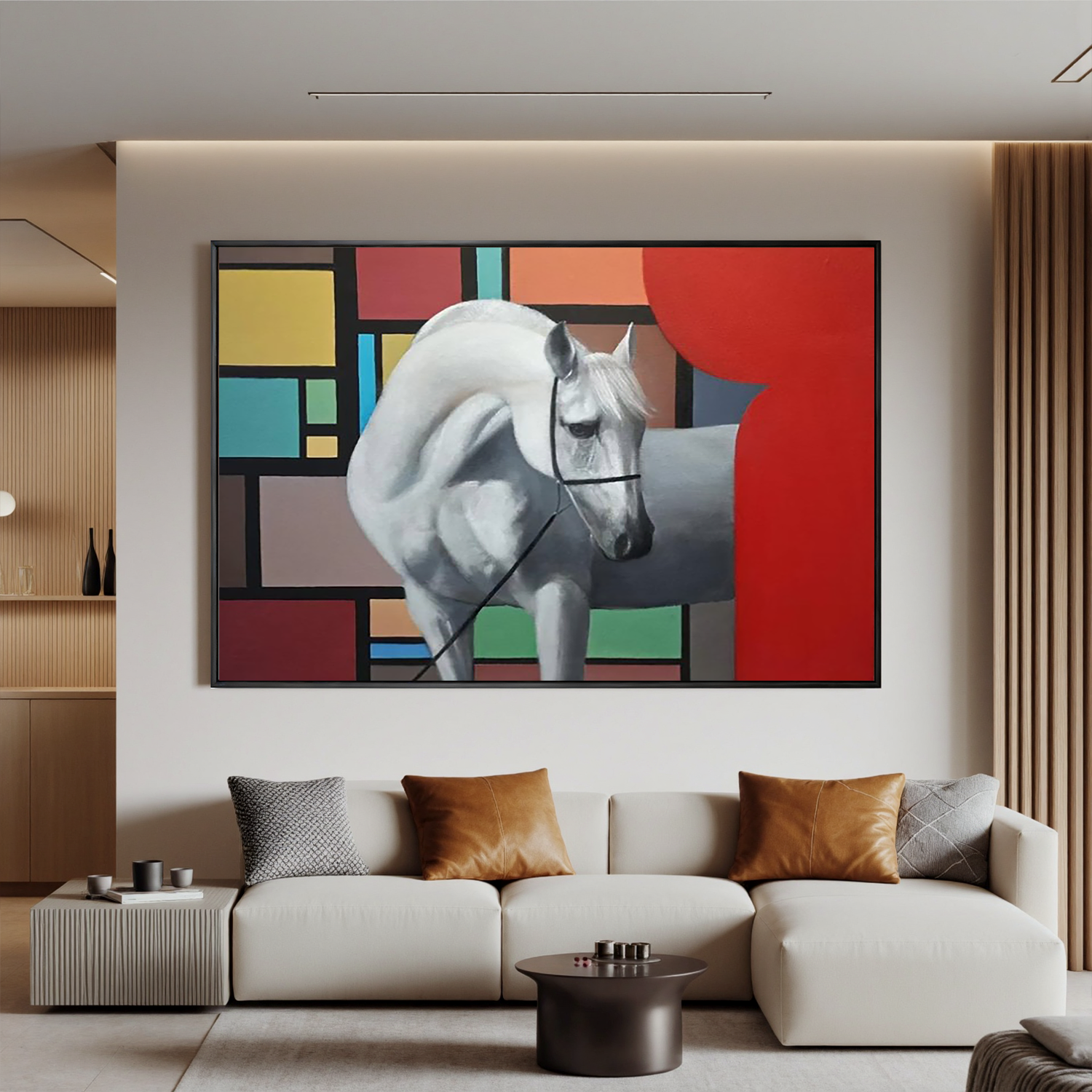 White Horse and Color Blocks-Modern White Horse Abstract Wall Art