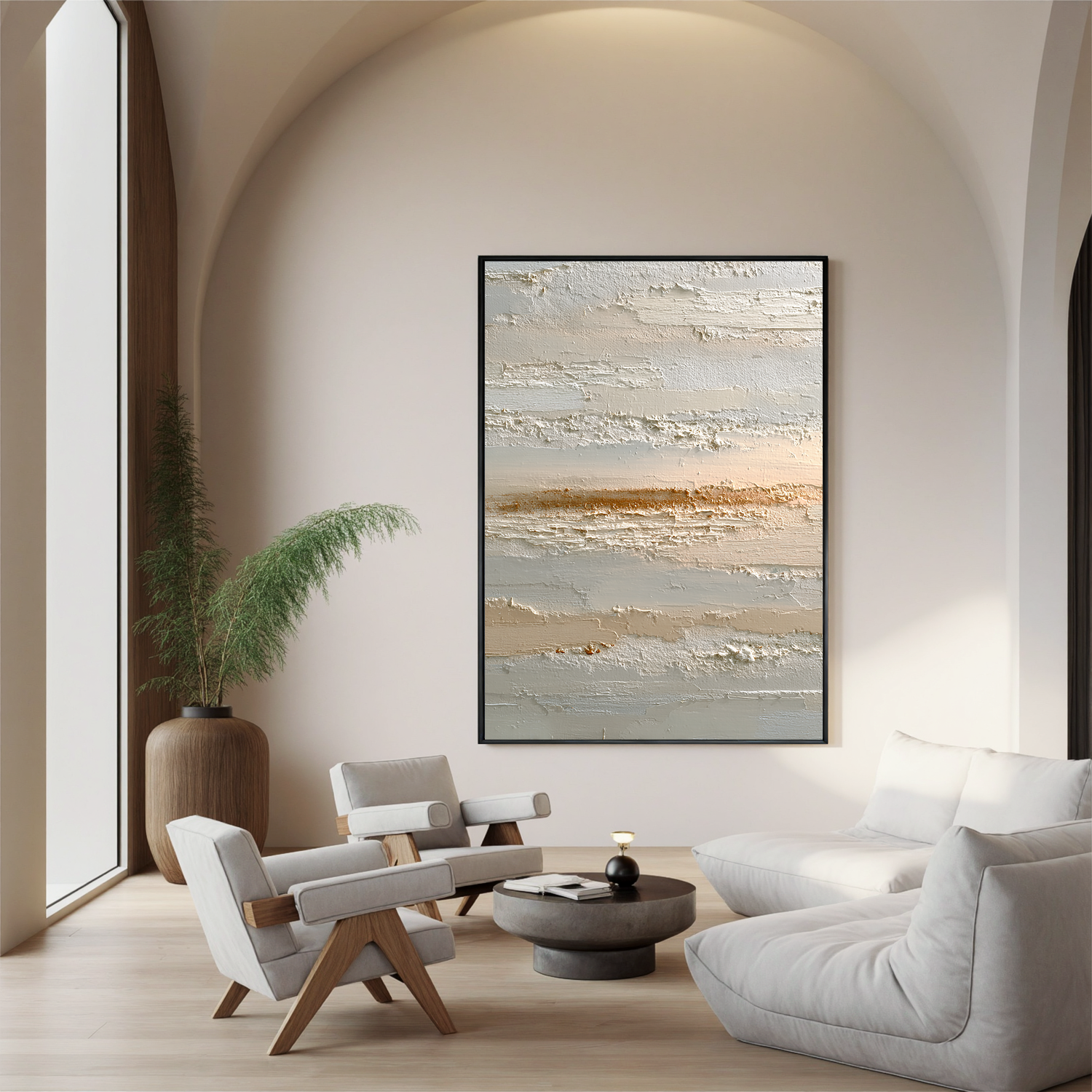 Minimalist Neutral Abstract Canvas Wall Art – Textured Beige Coastal Landscape Painting for Modern Living Room Decor#OA 0860