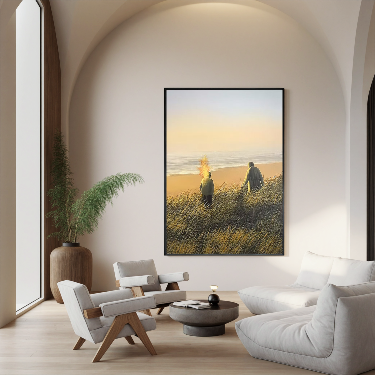 Serene Coastal Sunset Wall Art with Figures – Beach Landscape Canvas Painting for Living Room Decor #OA 0797