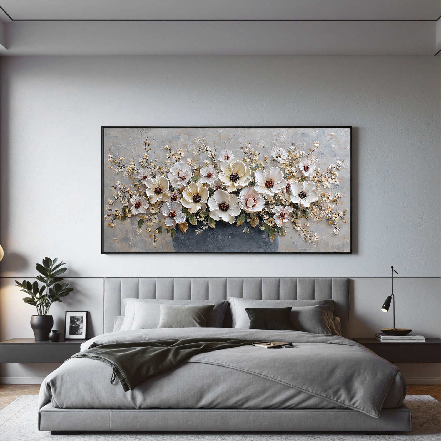 Large Floral Canvas Wall Art – Elegant White Flower Bouquet Painting in Vase for Living Room Decor#OA 0845