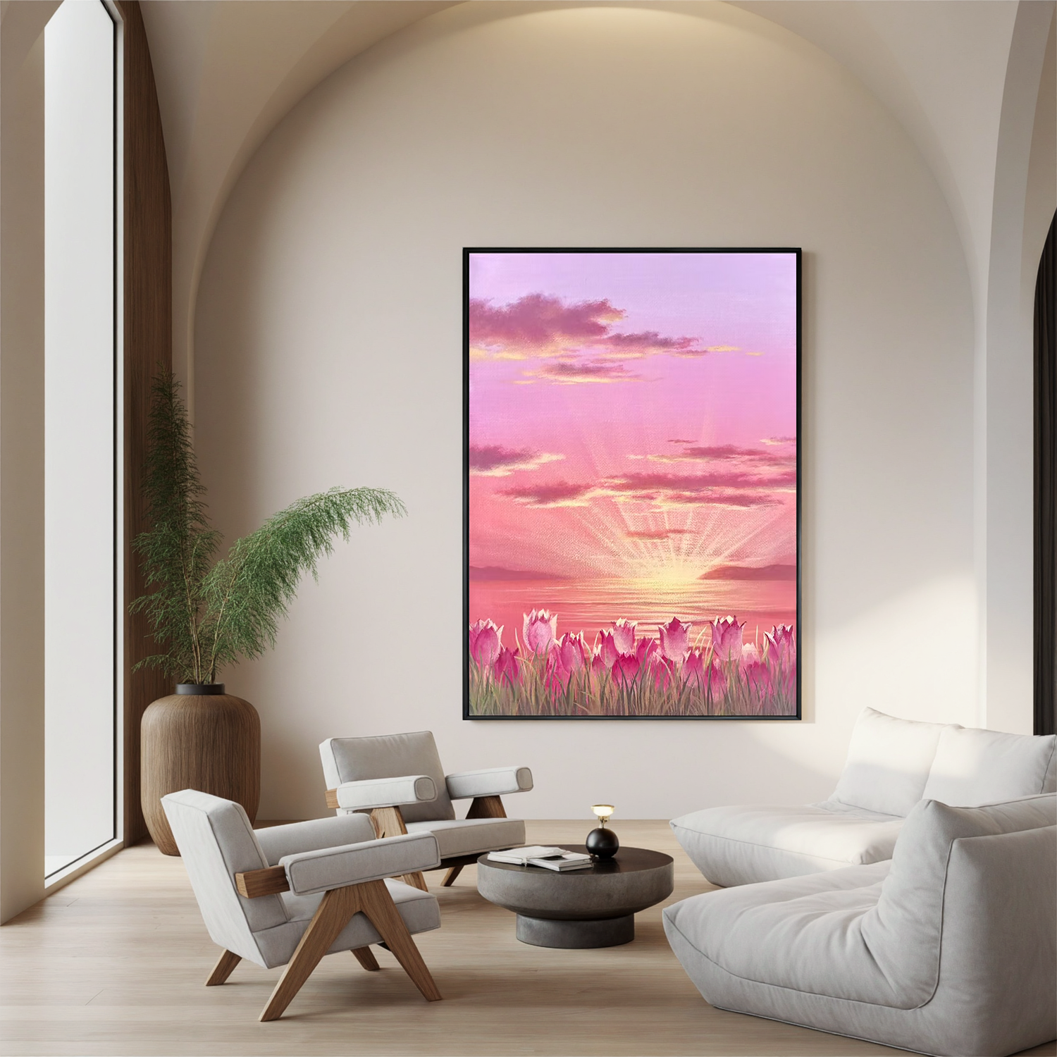 Pink Tulip Sunset Wall Art, Romantic Floral Landscape Canvas Painting, Dreamy Lake Sunrise Decor for Living Room Bedroom #OA 0785