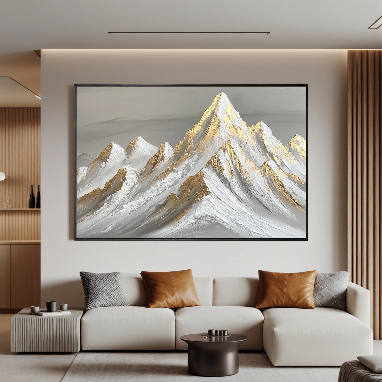 Gold Textured Mountain Oil Painting | Luxury Abstract Snow Mountain Wall Art for Modern Living Room #OA 0428
