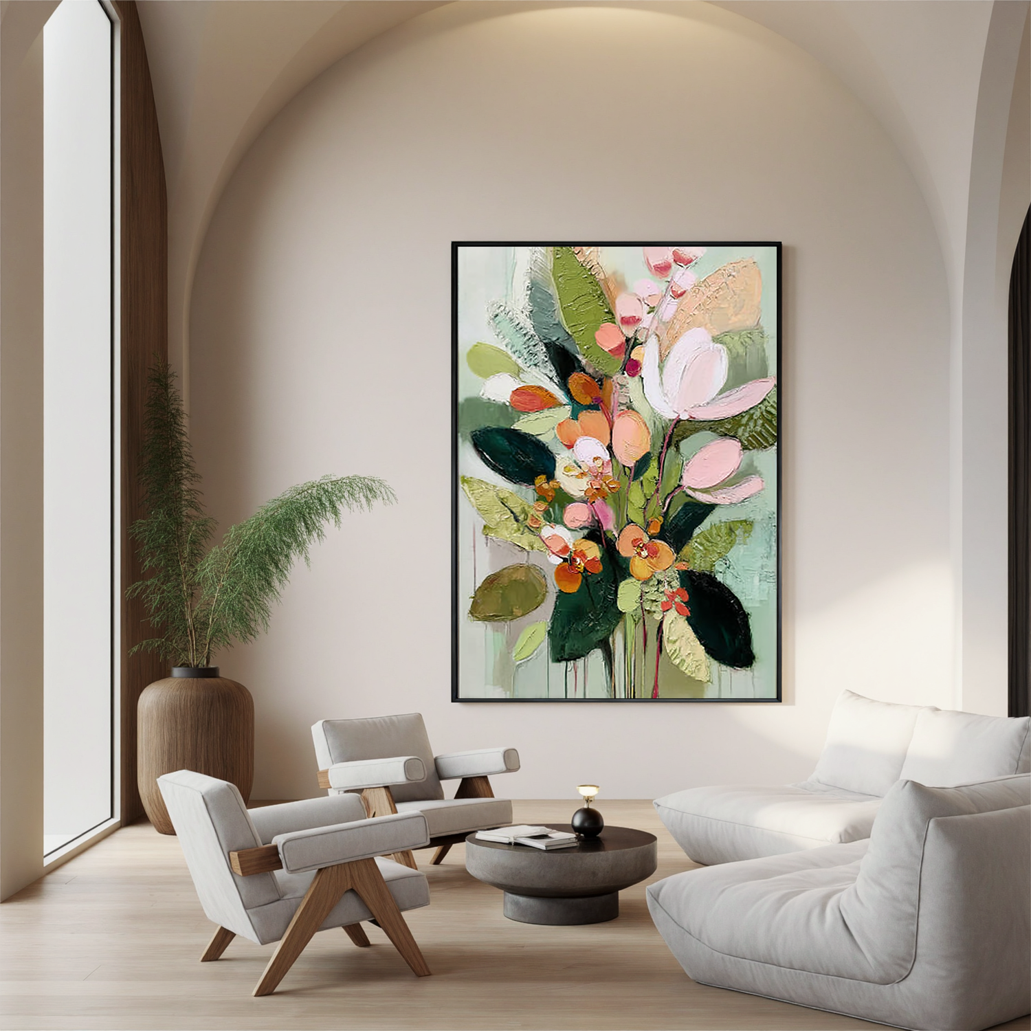 Pastel Floral Bouquet Oil Painting, Green Botanical Wall Art for Living Room Decor#OA 0511