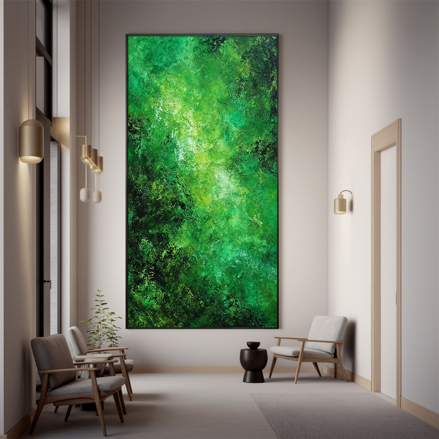 Green Abstract Oil Painting, Textured Forest Wall Art for Living Room Decor#OA 0602