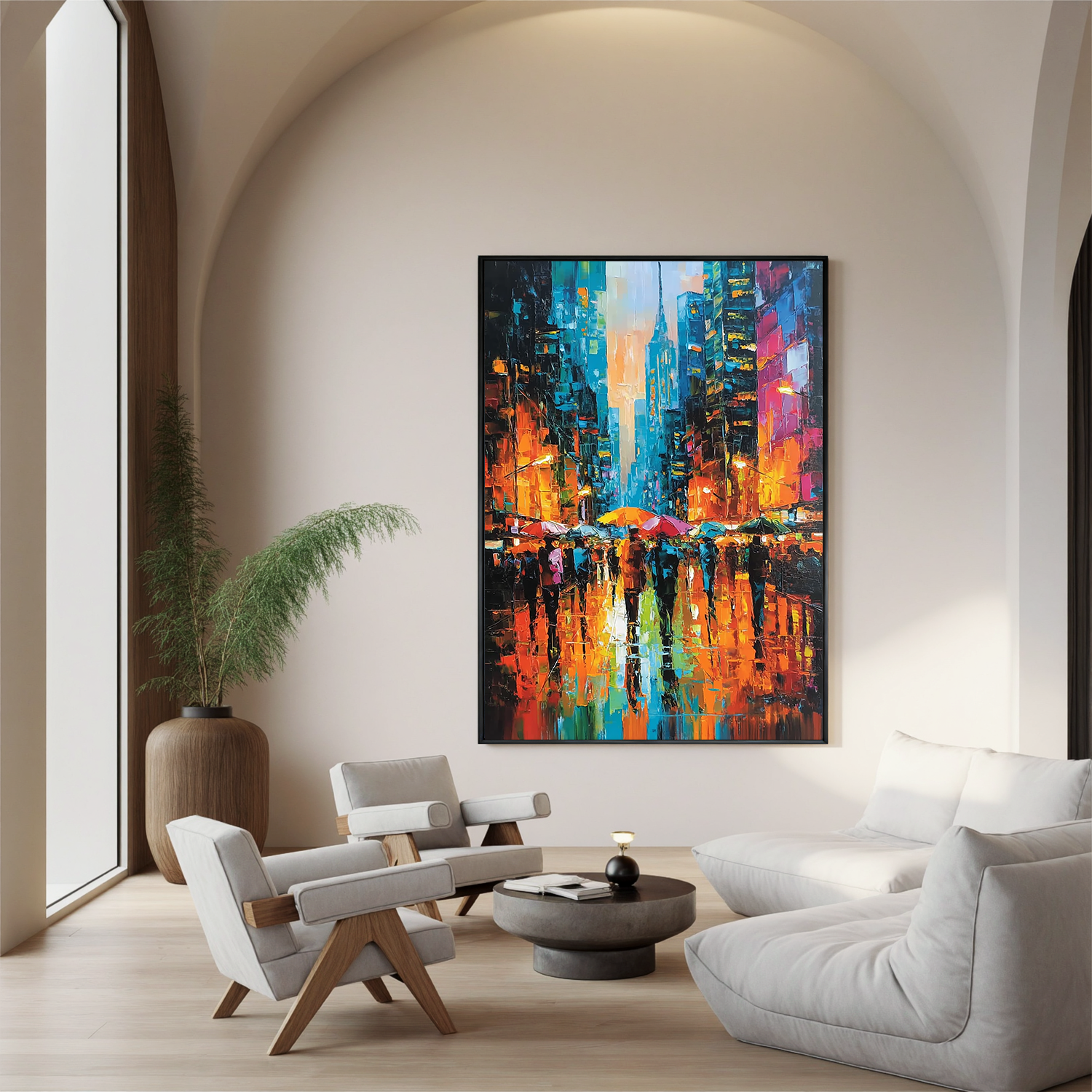 Colorful Rainy City Street Oil Painting, Abstract Urban Wall Art for Living Room Decor#OA 0528