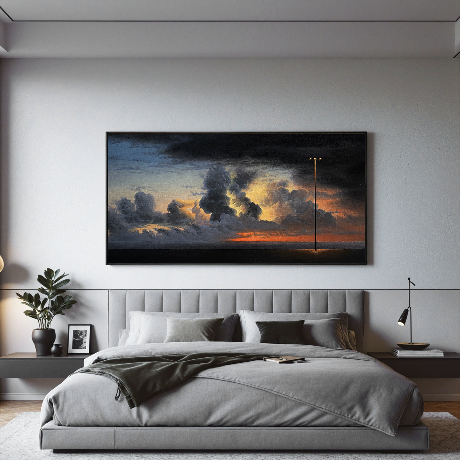 Dramatic Sunset Seascape Wall Art with Lone Streetlight, Panoramic Moody Cloud Landscape Canvas for Living Room Decor #OA 0734