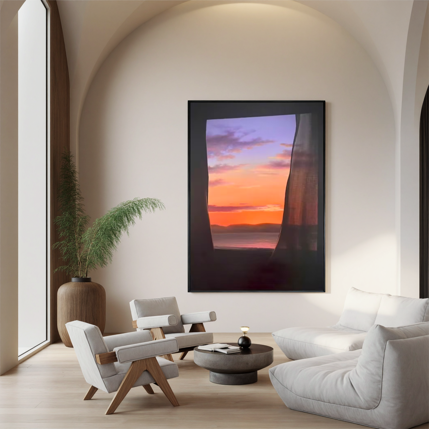 Sunset Ocean View Through Window Wall Art, Romantic Seascape Canvas Painting, Serene Coastal Landscape Decor for Living Room #OA 0784