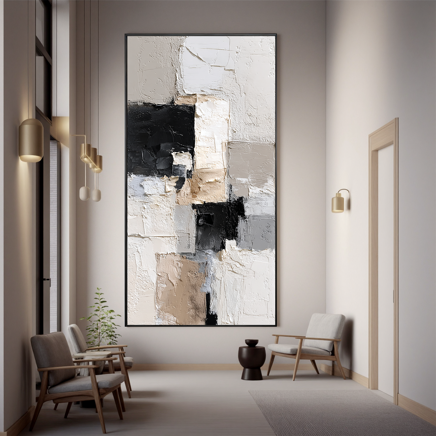 Vertical Neutral Abstract Canvas Wall Art – Textured Black White Beige Minimalist Painting for Modern Home Decor#OA 0876