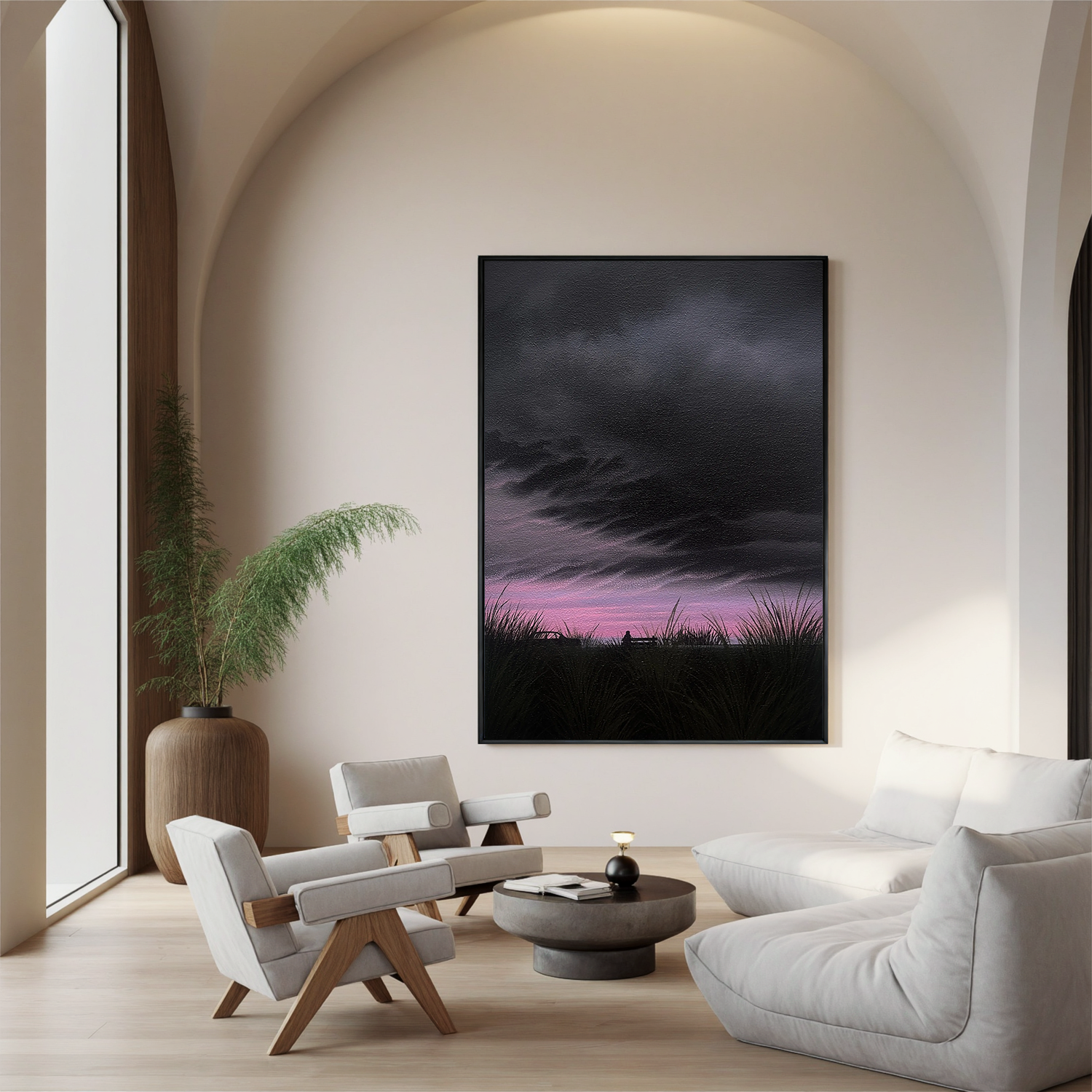 Moody Sunset Landscape Wall Art with Lone Figure on Bench, Dramatic Cloud Sky Canvas for Living Room Decor #OA 0743