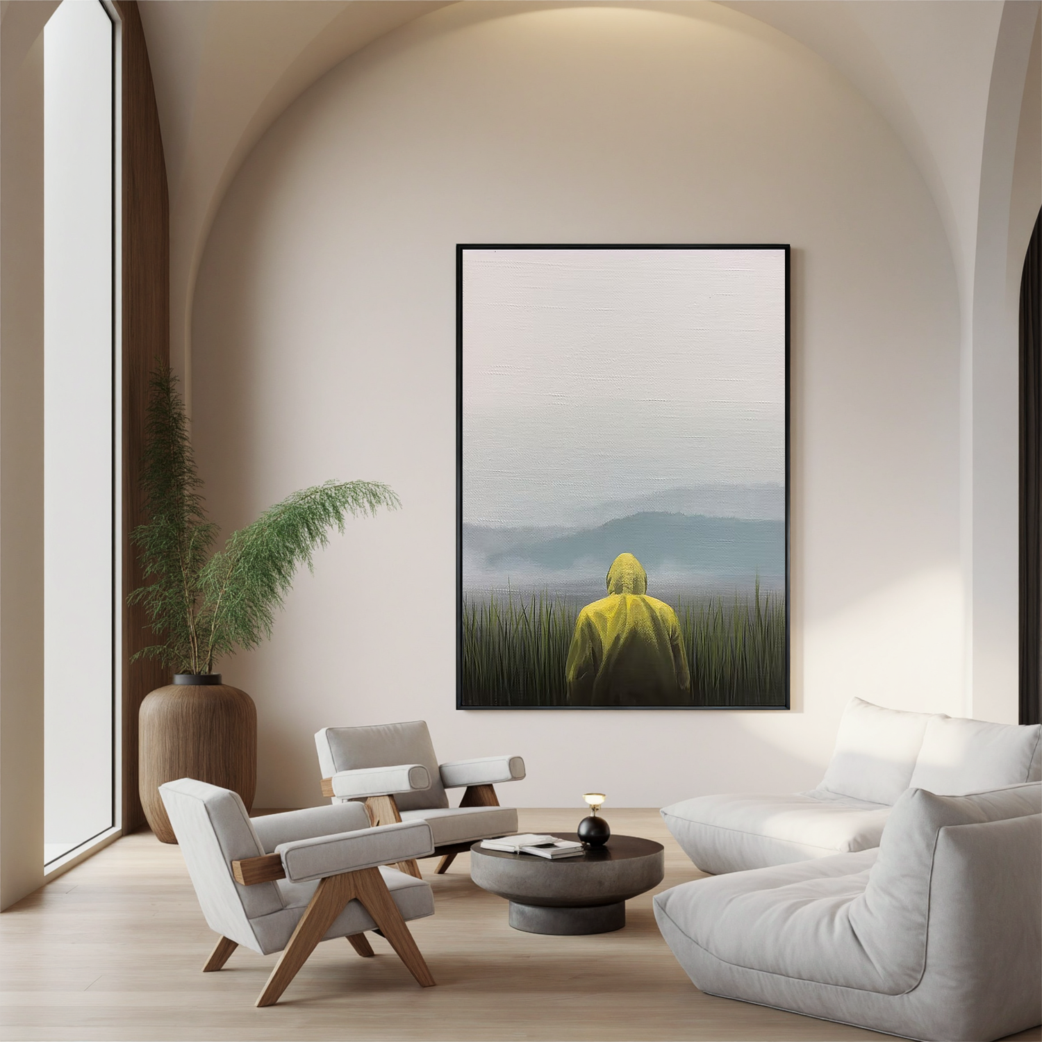 Misty Lake Landscape Wall Art with Yellow Raincoat Figure – Minimalist Nature Canvas for Living Room Decor #OA 0807