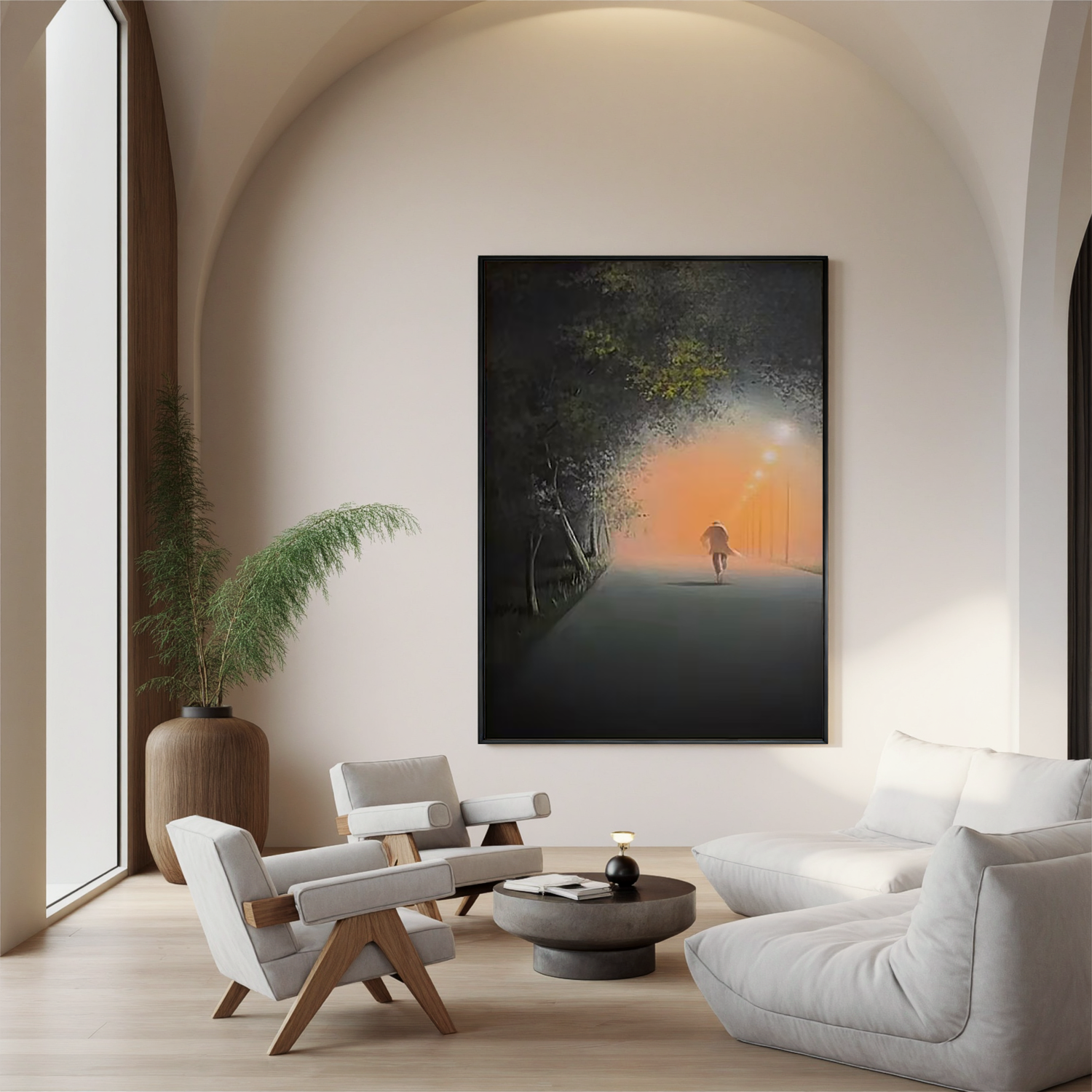Moody Foggy Street Wall Art, Solitary Figure Walking Under Streetlights Canvas Painting for Modern Home Decor #OA 0767