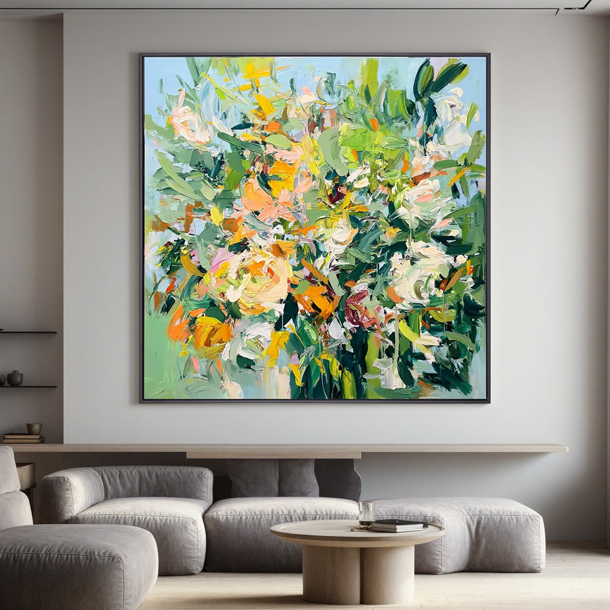 Colorful Abstract Floral Wall Art, Green and Pink Flower Canvas Painting for Living Room Décor #OA 0406