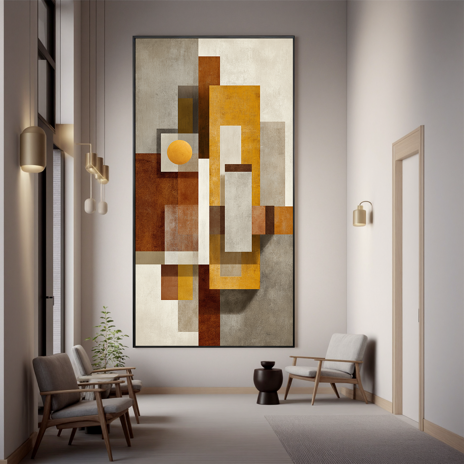Mid Century Modern Geometric Abstract Canvas Wall Art – Vertical Neutral Beige Mustard Yellow Painting for Entryway Living Room Decor#OA 0867