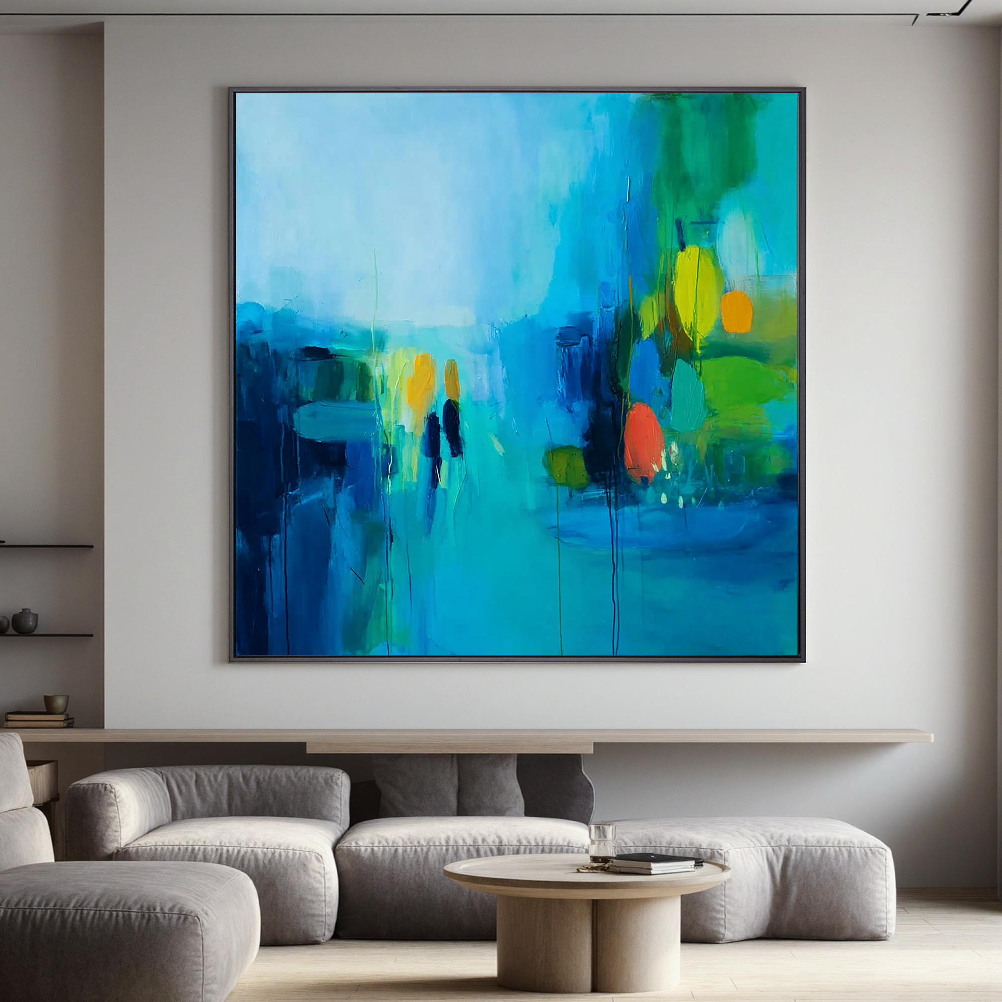 Abstract Blue Cityscape Oil Painting Canvas – Modern Figurative Wall Art for Living Room Contemporary Home Decor#OA 0500