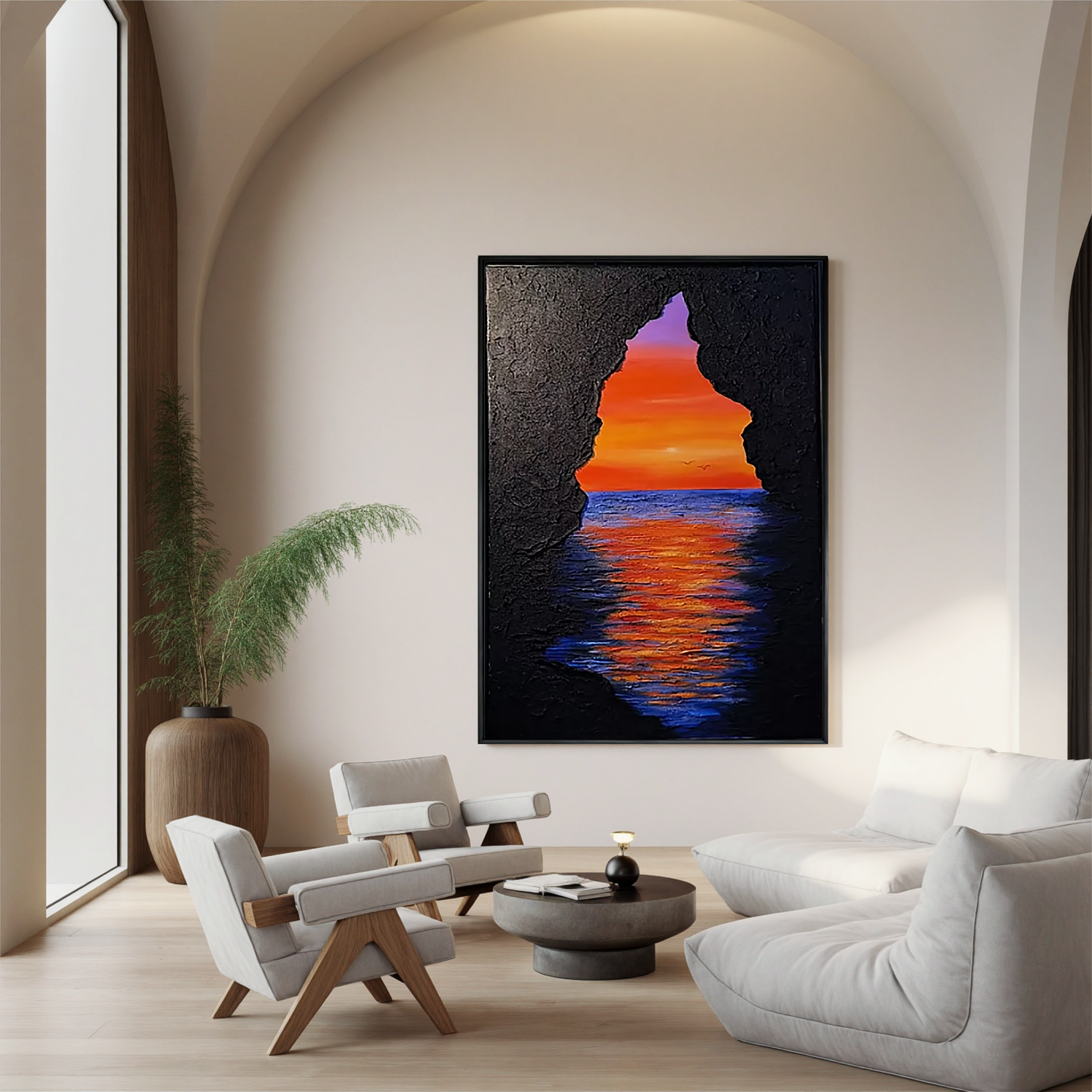 Sunset Ocean Cave Oil Painting, Dramatic Seascape Wall Art for Living Room Decor#OA 0597