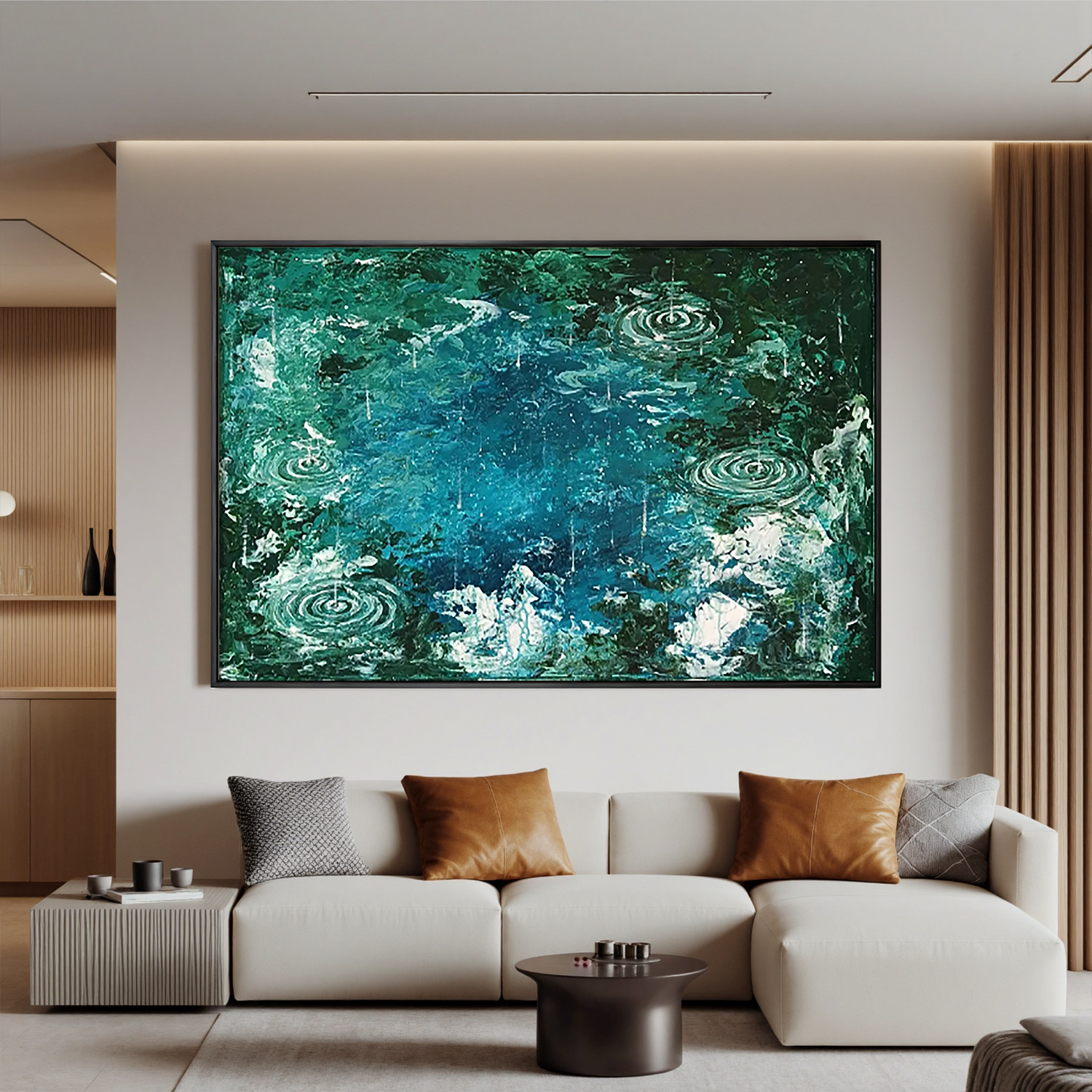 Teal Rain Ripple Oil Painting, Abstract Water Wall Art for Living Room Decor#OA 0609
