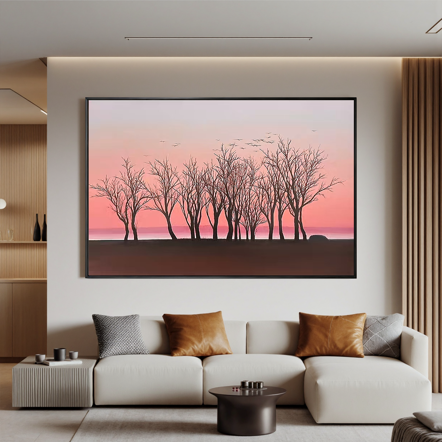 Minimalist Tree Silhouette Sunset Wall Art, Pink Sky Panoramic Landscape Canvas Painting for Living Room Decor #OA 0774