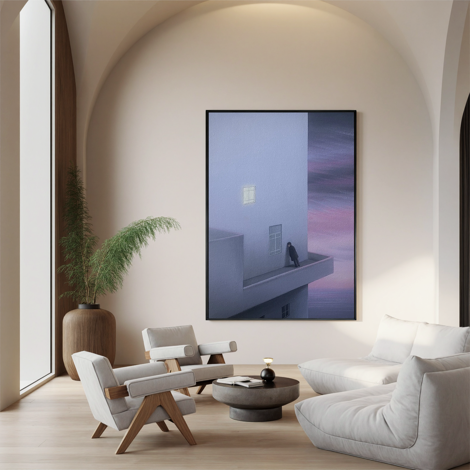 Surreal Minimalist Architecture Wall Art, Solitary Figure on Balcony with Pink Sky Canvas for Modern Living Room Decor #OA 0742