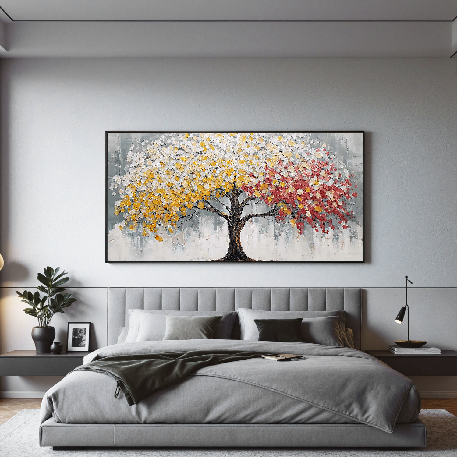 Dual Color Tree of Life Canvas Wall Art – Abstract Yellow and Red Textured Painting for Living Room#OA 0855