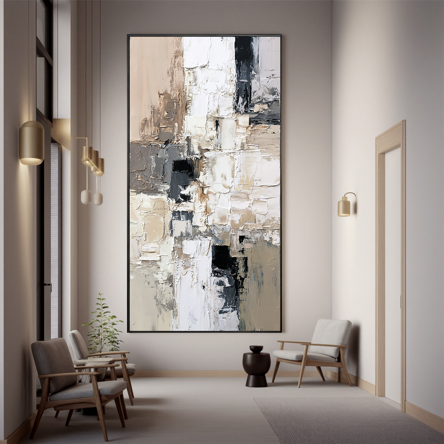 Vertical Neutral Abstract Canvas Wall Art – Textured Black White Beige Painting for Modern Home Decor#OA 0875