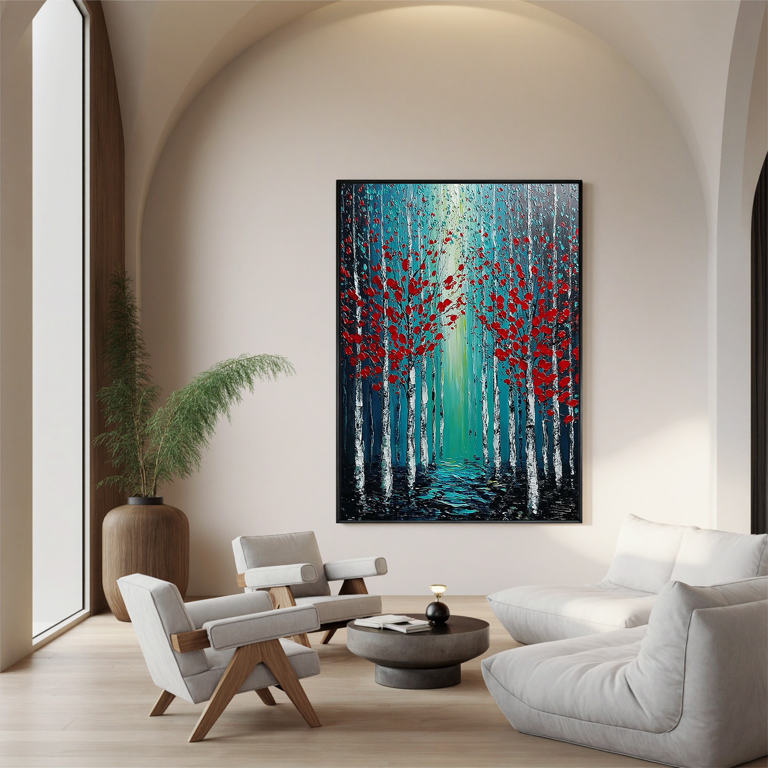 Red Leaf Forest Oil Painting, Blue Woodland Landscape Wall Art for Living Room Decor #OA 0578