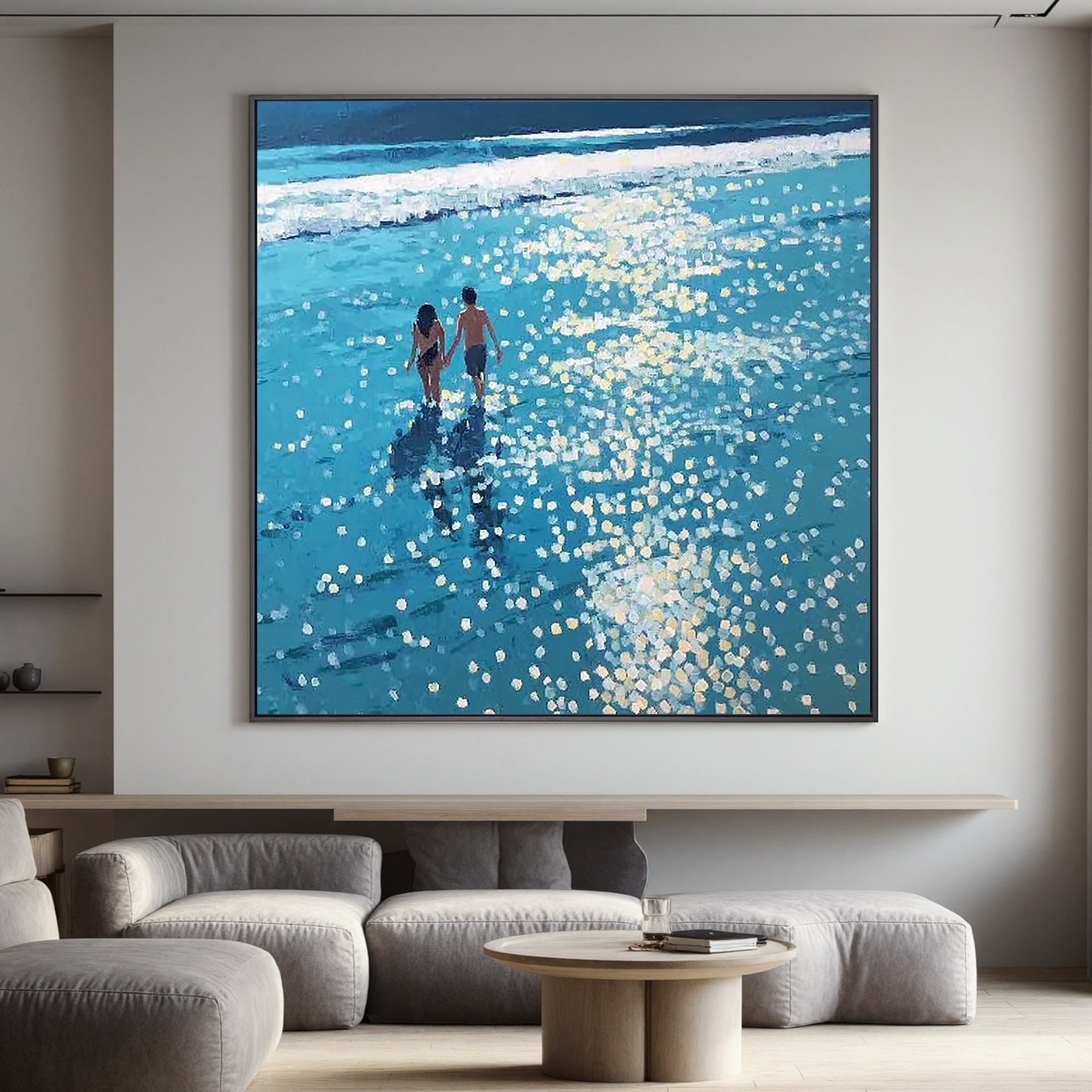 Romantic Beach Couple Wall Art, Blue Ocean Canvas Painting with Sunlight Reflection for Living Room Décor #OA 0423