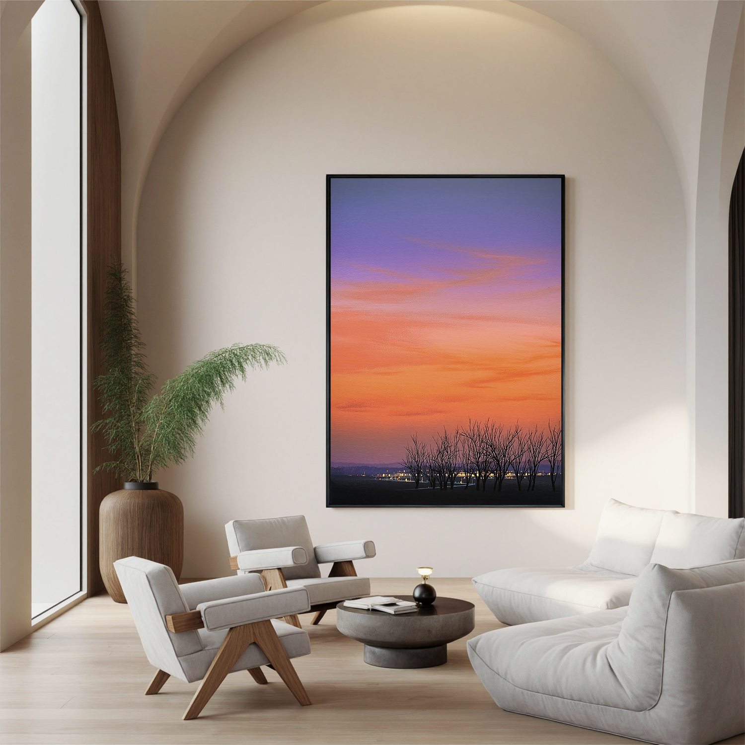 Sunset Sky with Bare Trees and Distant City Lights Wall Art, Serene Landscape Canvas for Living Room Decor #OA 0755